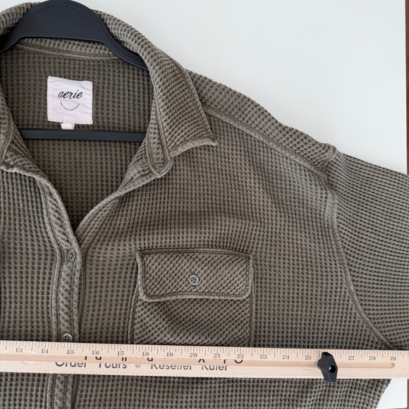 Aerie Lumberjane Waffle Shirt Small Olive Green Oversized Button Front Layer - Picture 6 of 9